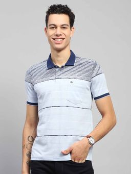 Monte Carlo - Men Striped Blue Collar Neck Half Sleeve Polo T-Shirt