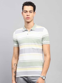 Monte Carlo - Men Striped Green Collar Neck Half Sleeve Polo T-Shirt
