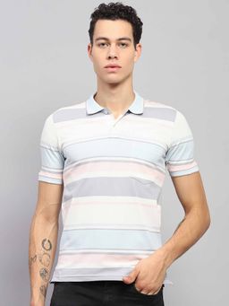 Monte Carlo - Men Striped Blue & White Collar Neck Half Sleeve Polo T-Shirt
