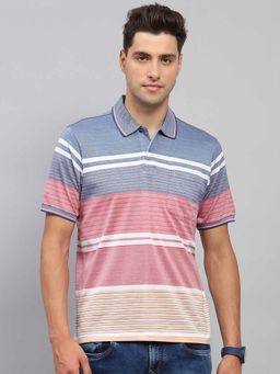 Monte Carlo - Men Striped Pink & Blue Collar Neck Half Sleeves Polo T-Shirt