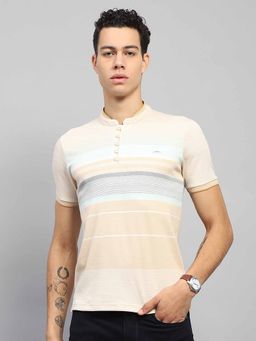 Monte Carlo - Men Striped Beige Mandarin Neck Half Sleeve T-Shirt