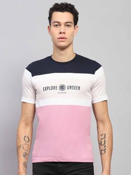 Monte Carlo - Men Colorblock White & Pink Round Neck Half Sleeve T-Shirt