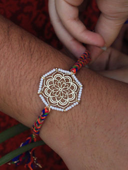 BeAbhika - Gold & White Beaded Mandala Rakhi with Roli Chawal (Set of 2)
