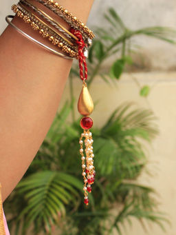 BeAbhika - Red & Gold Classic Lumba Rakhi with Roli Chawal (Set of 2)
