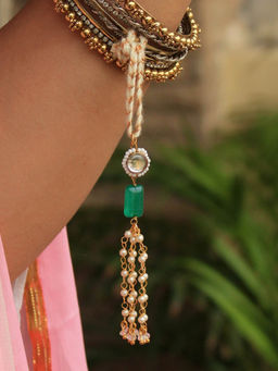 BeAbhika - Green & White Stone & Pearl Tassel Lumba with Roli Chawal (Set of 2)