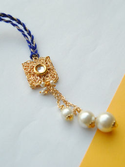 BeAbhika - White Square Golden Mesh Pearls Lumba Bhabhi Rakhi with Roli Chawal (Set of 2)