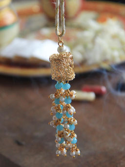 BeAbhika - Blue & Gold Mesh Beads Tassel Bhabhi Lumba Rakhi with Roli Chawal (Set of 2)