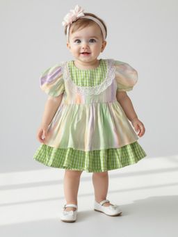 Bella Moda - Green Tie-Dye Cotton Dress with Gingham Layered Hem and Lace Neck