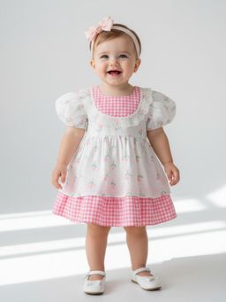 Bella Moda - White Tulip Printed Dress with Gingham Hem and Lace Neck