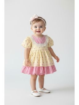 Bella Moda - Yellow Floral Dress with Gingham Layered Hem