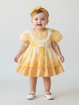 Bella Moda - Yellow Tie-Dye Cotton Dress with Gingham Hem and Puffy Sleeves