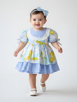 Bella Moda - Blue Floral Cotton Dress with Gingham Check Hem and Lace Detail