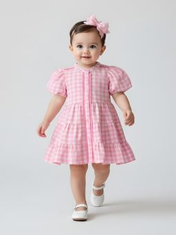 Bella Moda - Pink Check Cotton Button-Front Dress with Puffy Sleeves