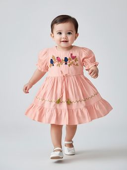 Bella Moda - Peach Embroidered Bird Motif Cotton Dress