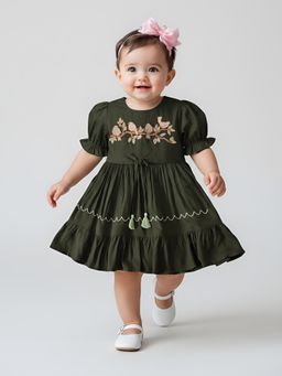 Bella Moda - Olive Embroidered Bird Motif Cotton Dress