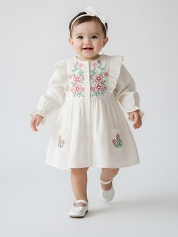 Bella Moda - Off White Floral Embroidered Cotton Dress
