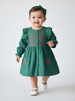 Bella Moda - Green Floral Embroidered Cotton Dress