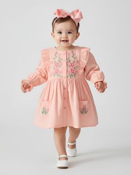 Bella Moda - Peach Floral Embroidered Cotton Dress