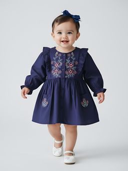 Bella Moda - Navy Blue Floral Embroidered Cotton Dress