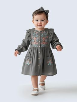 Bella Moda - Grey Floral Embroidered Cotton Dress