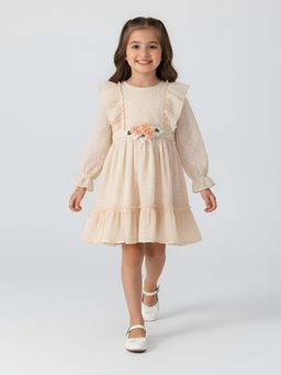 Bella Moda - Cream Soft Net Ruffle Party Wear Dress with Flower Belt