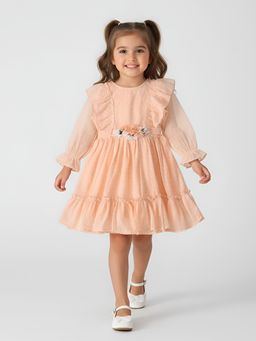 Bella Moda - Peach Soft Net Ruffle Party Wear Dress with Flower Belt