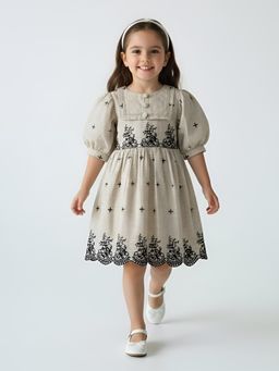 Bella Moda - Beige Scallop Hem with Floral Embroidery Dress