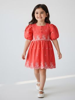 Bella Moda - Red Scallop Hem with Floral Embroidery Dress