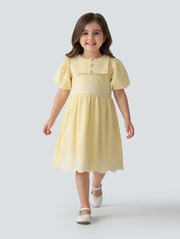 Bella Moda - Yellow Scallop Hem with Floral Embroidery Dress