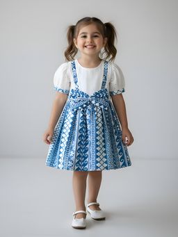 Bella Moda - Blue Printed Cotton Layered with Embroidered Dress