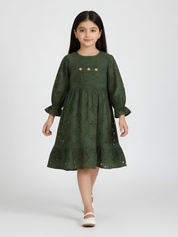Bella Moda - Green Schifli Cutwork Dress with Pleated Yoke