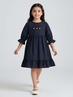 Bella Moda - Navy Blue Schifli Cutwork Dress with Pleated Yoke
