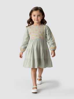 Bella Moda - Green Full Sleeve Multi-Thread Embroidered Tiered Dress