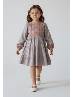 Bella Moda - Grey Full Sleeve Multi-Thread Embroidered Tiered Dress
