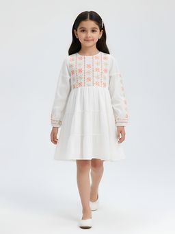 Bella Moda - White Full Sleeve Multi-Thread Embroidered Tiered Dress
