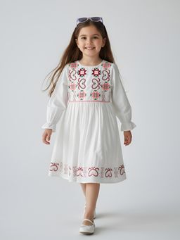 Bella Moda - White Woven Embroidered Long Sleeve Fit and Flare Dress