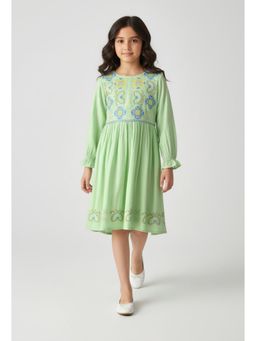 Bella Moda - Green Woven Embroidered Long Sleeve Fit and Flare Dress