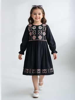 Bella Moda - Navy Blue Woven Embroidered Long Sleeve Fit and Flare Dress