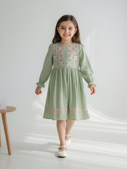 Bella Moda - Green Woven Embroidered Long Sleeve Fit and Flare Dress