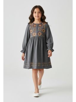 Bella Moda - Grey Woven Embroidered Long Sleeve Fit and Flare Dress