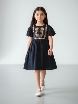 Bella Moda - Navy Blue Elegant Embroidered Puff Sleeve Dress