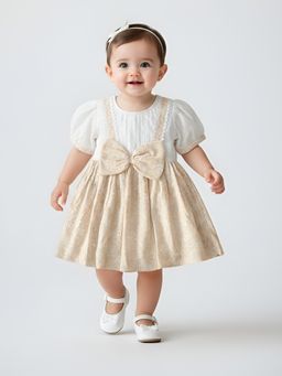Bella Moda - Beige Embroidered Cotton Top with Floral Printed Bow Dress
