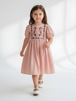 Bella Moda - Peach Elegant Embroidered Puff Sleeve Dress