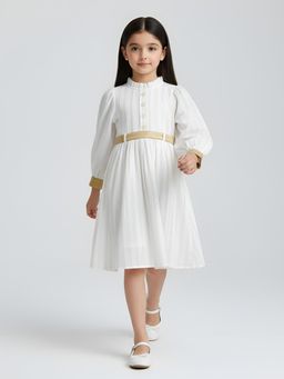 Bella Moda - White Fancy Full-Sleeve Dress with Contrast Cuff and Belt