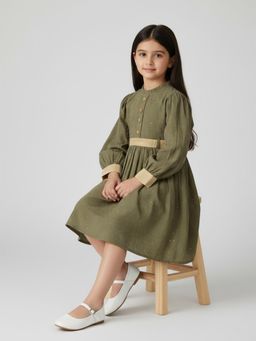 Bella Moda - Olive Fancy Full-Sleeve Dress with Contrast Cuff and Belt