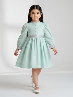 Bella Moda - Blue Fancy Full-Sleeve Dress with Contrast Cuff and Belt
