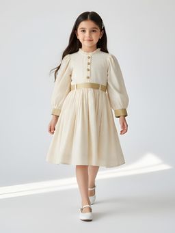 Bella Moda - Cream Fancy Full-Sleeve Dress with Contrast Cuff and Belt