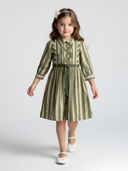Bella Moda - Green Striped Shirt Collar Fit and Flare Dress with Belt