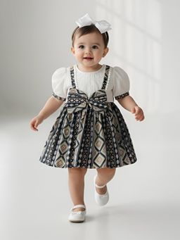 Bella Moda - Multi-Colour Printed A-Line Dress with Lace and Bow Detail