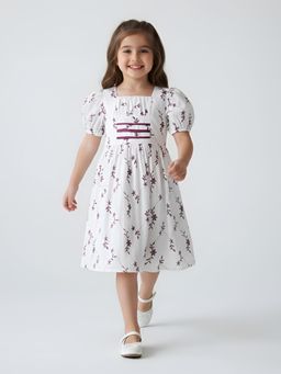 Bella Moda - Maroon Floral Thread-Embroidered Puff Sleeve Fit and Flare Dress